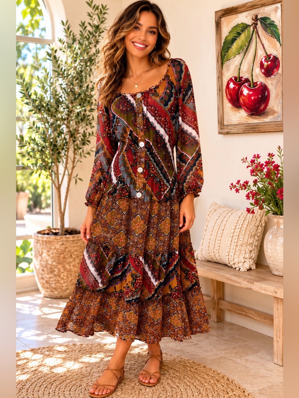 Fig and Flower Long Sleeve Paisley Print Button Down Midi Dress